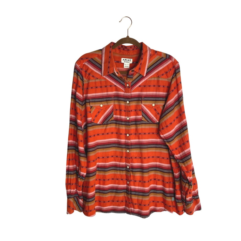 Ariat Real Western Serape Stripe Pearl Snap Long Sleeve Shirt Orange XXL